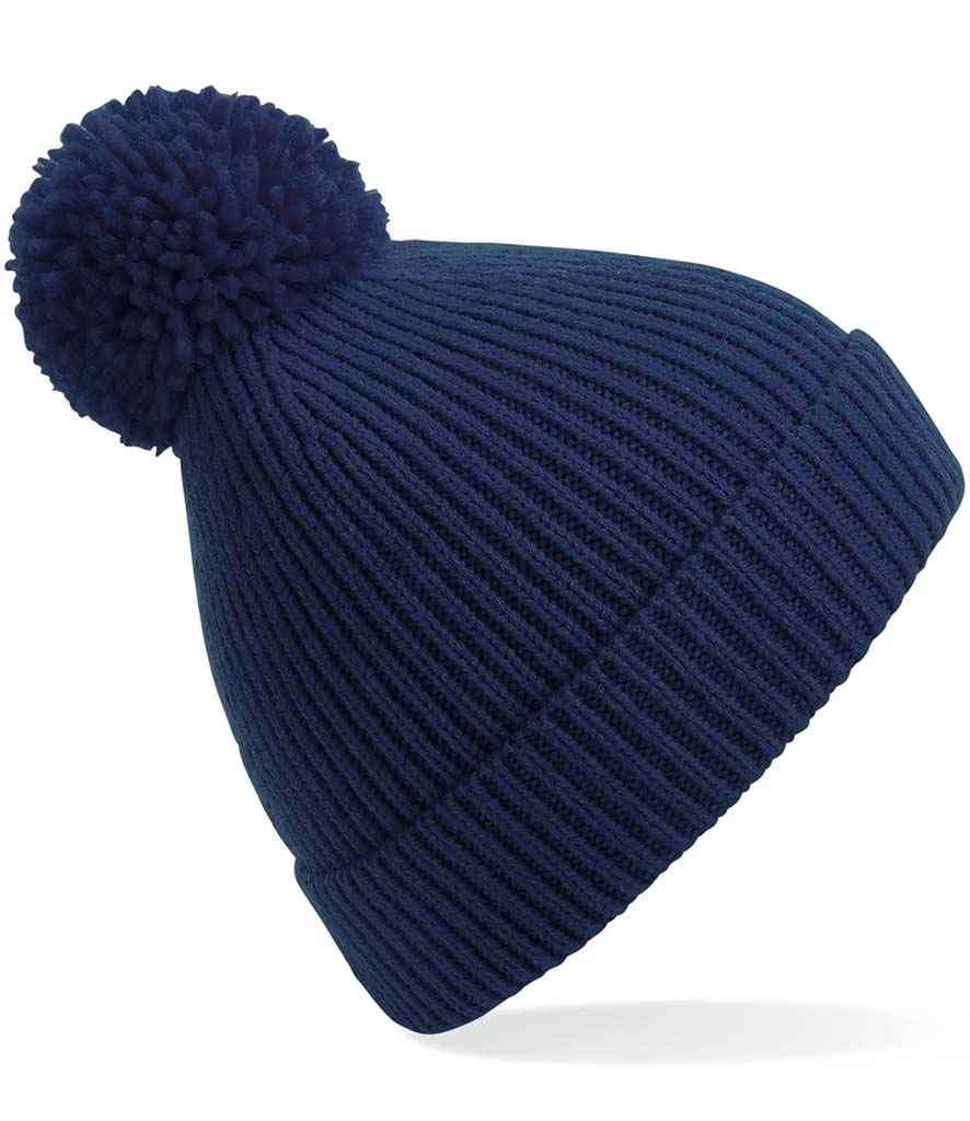 Wedi'i beiriannu Beechfield Gweu Rhesog Pom Pom Beanie