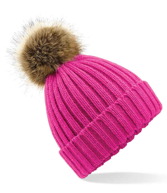 Beechfield Faux Fur Pop Pom Chunky Beanie